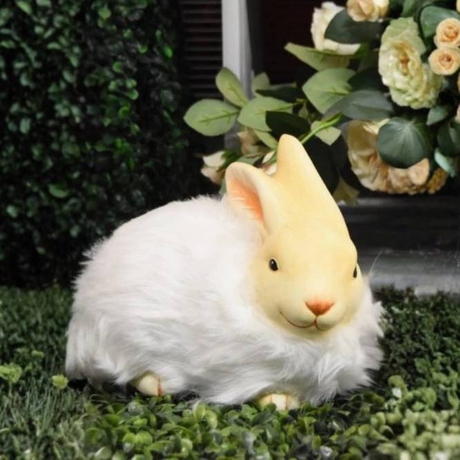 Iepuras din ceramica cu blanita pufoasa alba, 10 cm