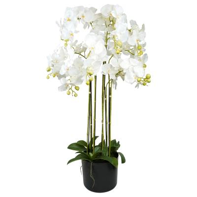 Aranjament cu orhidee artificiala Phalaenopsis alba in ghiveci de plastic, 110 cm