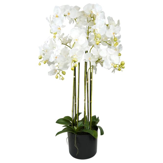 Aranjament cu orhidee artificiala Phalaenopsis alba in ghiveci de plastic, 110 cm