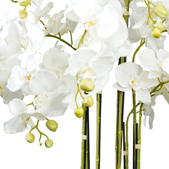 Aranjament cu orhidee artificiala Phalaenopsis alba in ghiveci de plastic, 110 cm