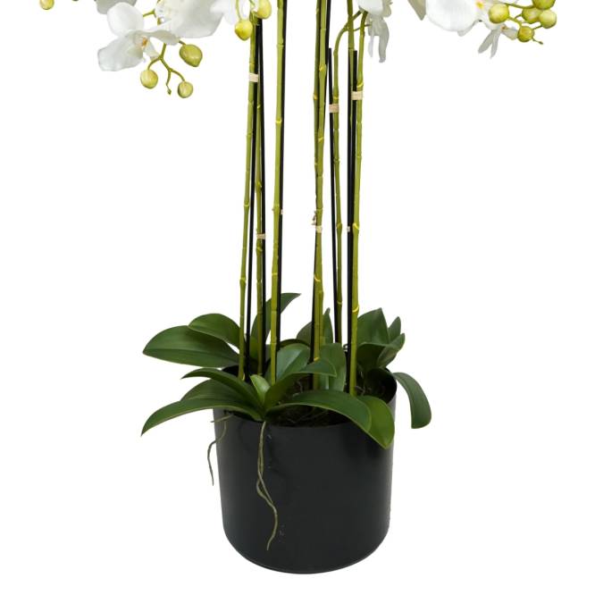 Aranjament cu orhidee artificiala Phalaenopsis alba in ghiveci de plastic, 110 cm
