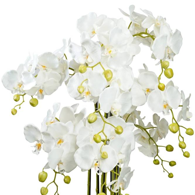 Aranjament cu orhidee artificiala Phalaenopsis alba in ghiveci de plastic, 90 cm