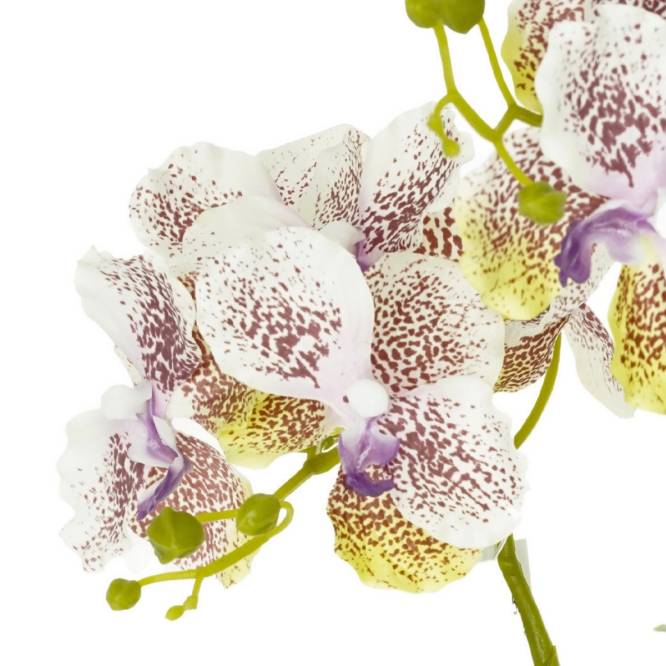 Orhidee artificiala Vanda alba-violet cu 3 fire, in vas de plastic, 50 cm