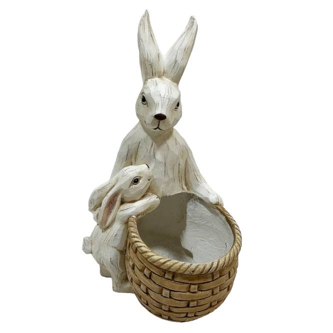 Decoratiune Pasti iepuras mama cu pui si cu cos pentru flori, 43 cm