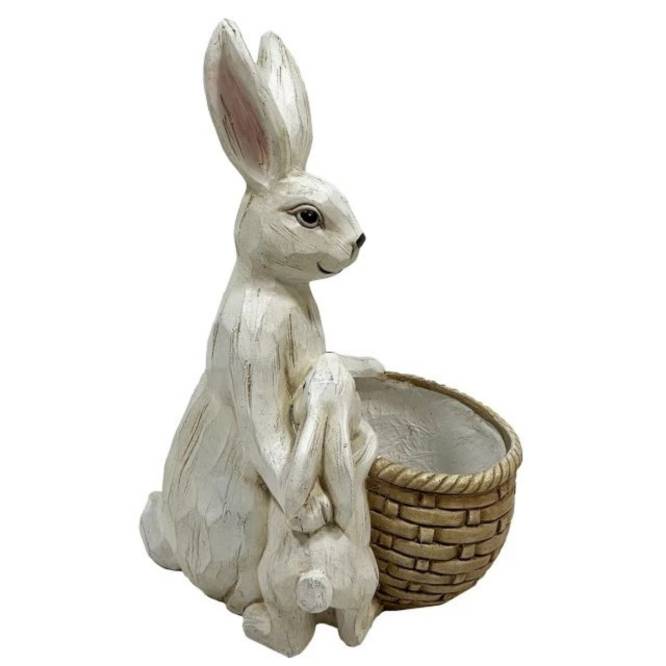 Decoratiune Pasti iepuras mama cu pui si cu cos pentru flori, 43 cm