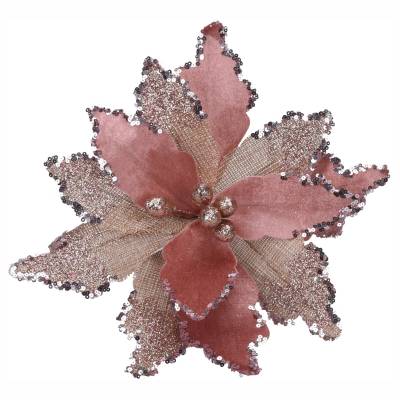 Decoratiune brad Floare roz prafuit cu sclipici 30 cm