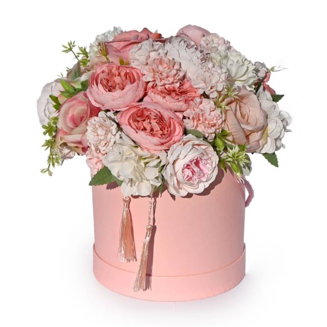 Aranjament flori artificiale in cutie de carton, culori pastelate, 25 cm