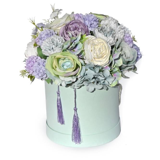 Aranjament flori artificiale in cutie de carton, culori pastelate, 25 cm