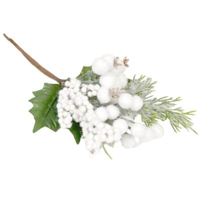 Decoratiune brad crenguta ninsa cu bobite albe, 24 cm