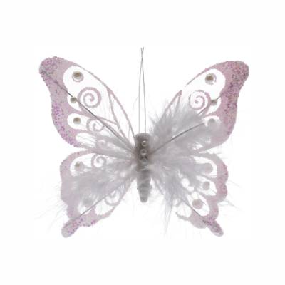 Decoratiune brad Fluture alb roz cu clips 16 cm, set de 2 bucati