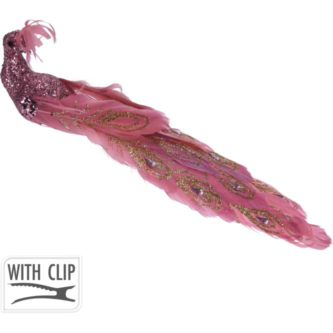Decoratiune brad Paun roz prafuit cu clips 24 cm