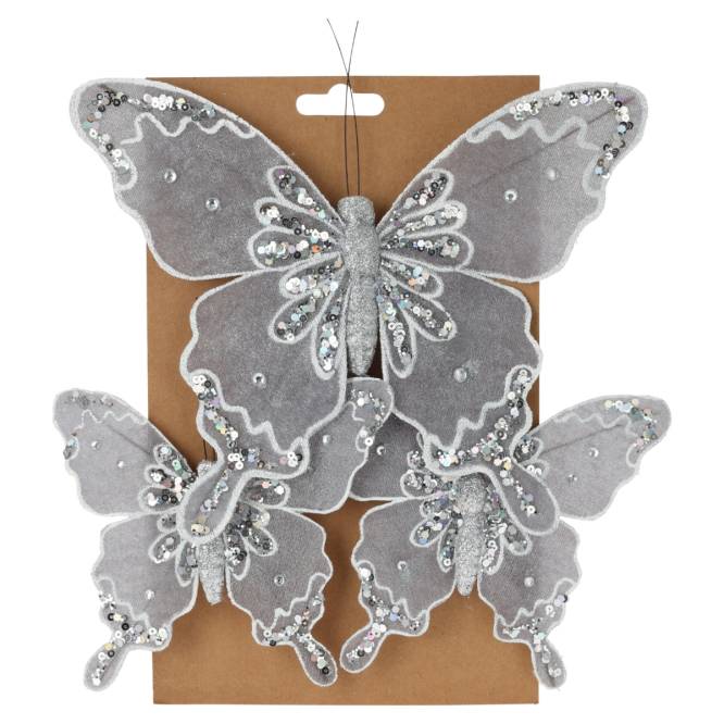 Set 3 decoratiuni brad fluturi argintii cu clips, 21 cm si 13 cm