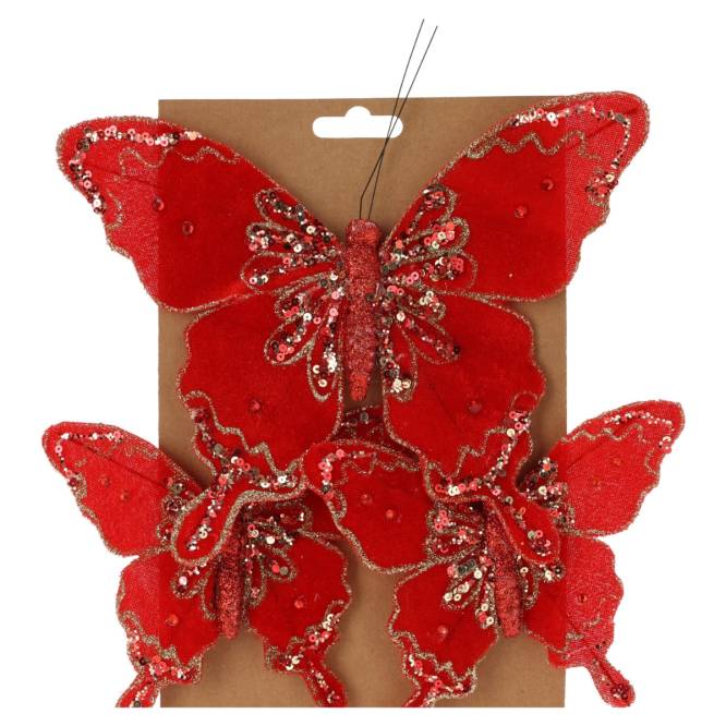 Set 3 decoratiuni brad fluturi rosii cu clips, 21 cm si 13 cm