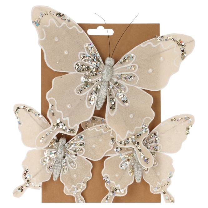 Set 3 decoratiuni brad fluturi crem cu clips, 21 cm si 13 cm