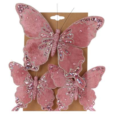 Set 3 decoratiuni brad fluturi roz cu clips, 21 cm si 13 cm