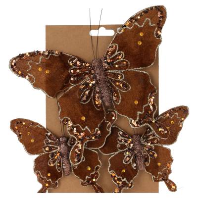 Set 3 decoratiuni brad fluturi maro cu clips, 21 cm si 13 cm
