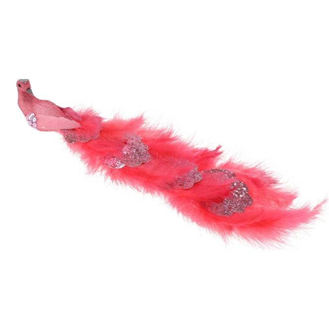 Decoratiune brad paun cu pene, sclipici si paiete, culoare fucsia, 24 cm