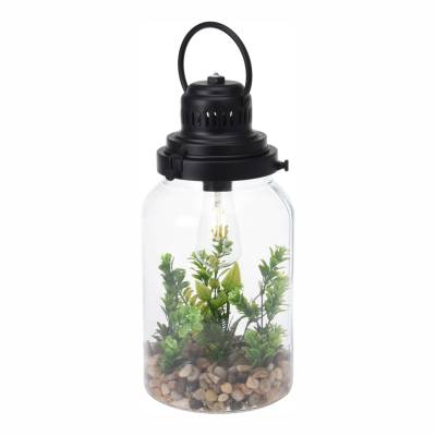 Aranjament cu plante artificiale in felinar de sticla cu LED 34 cm