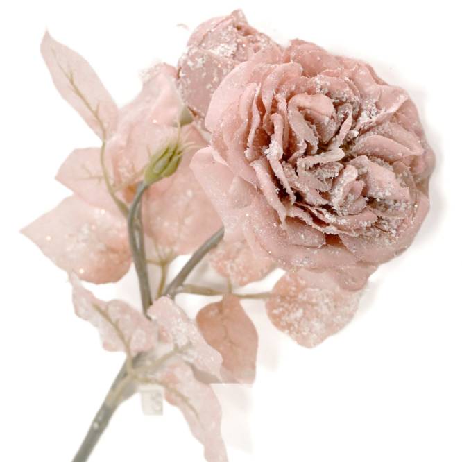 Decoratiune brad trandafir roz prafuit, cu aspect nins, 49 cm