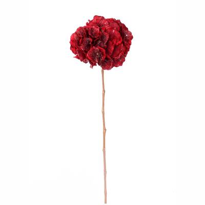 Decoratiune brad hortensie rosie cu sclipici, 62 cm