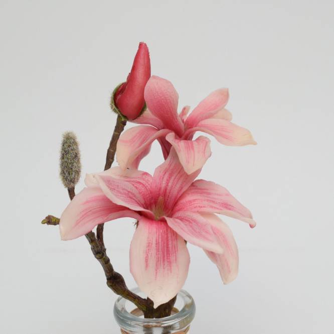 Magnolie roz 23 cm in vas de sticla, aspect 100% natural, artificiala