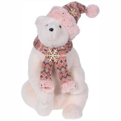 Decoratiune urs polar roz cu blanita, 35 cm
