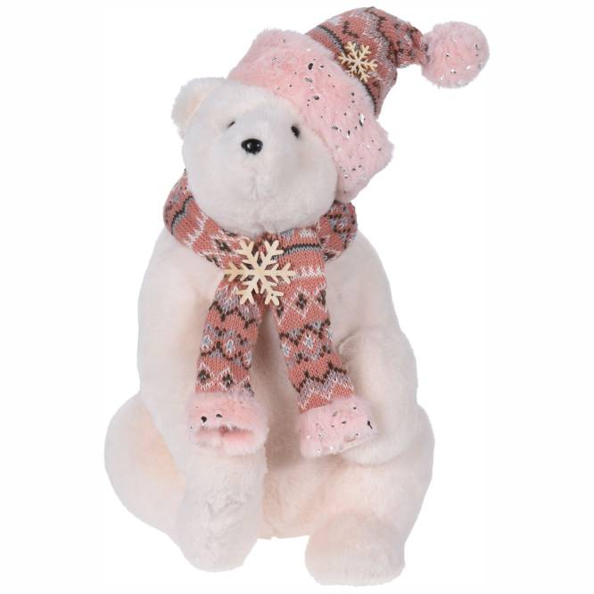 Decoratiune urs polar roz cu blanita, 35 cm