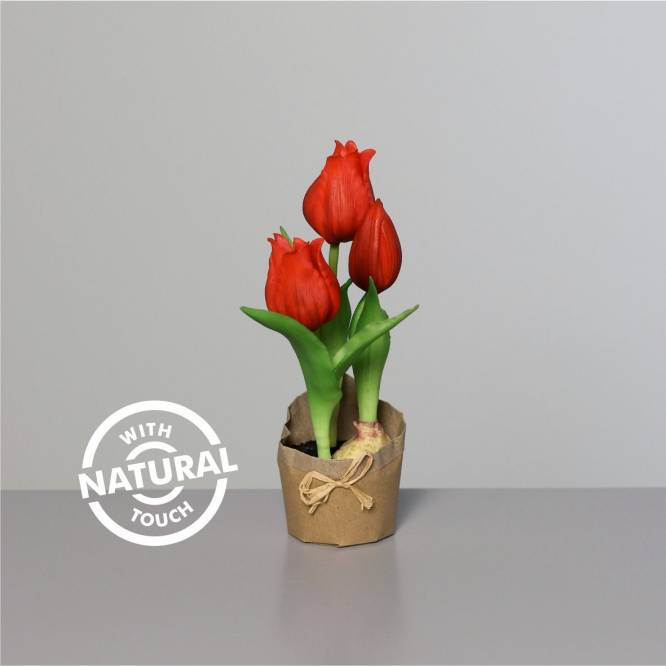Aranjament cu lalele rosii 19 cm in suport de hartie natur, aspect 100% natural, artificiale