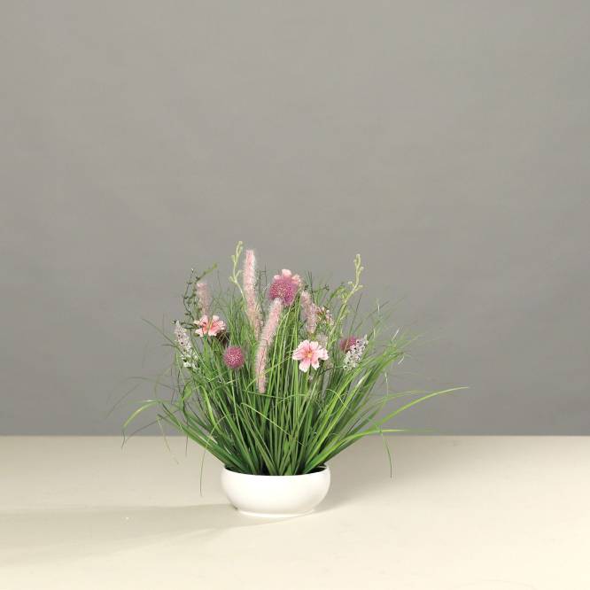 Aranjament flori de camp mov artificiale in vas de plastic, 40 cm