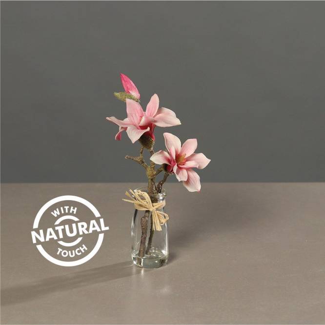 Magnolie roz 23 cm in vas de sticla, aspect 100% natural, artificiala