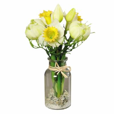 Aranjament floral cu lalele si narcise artificiale 26 cm, aspect 100% natural