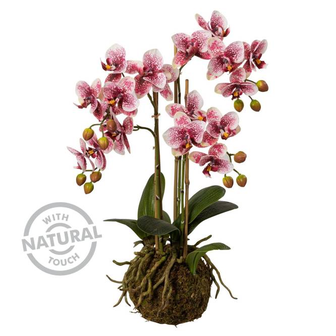 Orhidee artificiala Phalaenopsis roz in bila de pamant, cu  aspect 100% natural, 54 cm