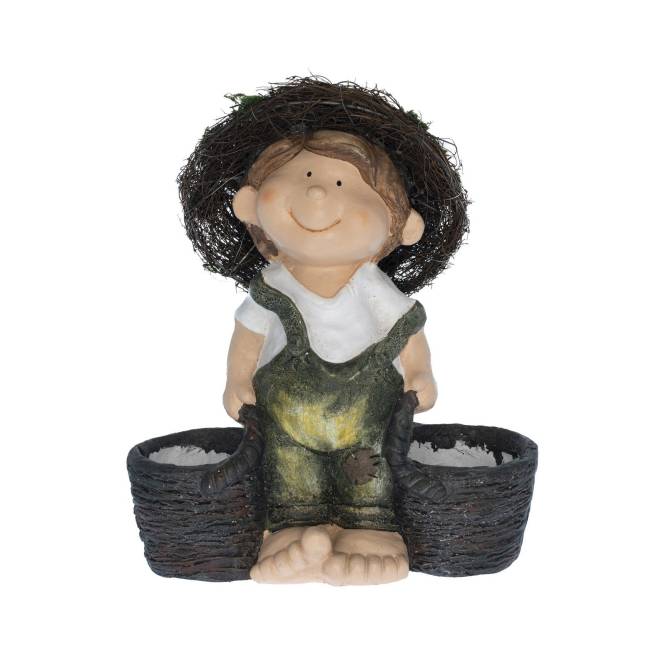 Decoratiune gradina, baietel cu doua cosuri pentru flori, 36 cm