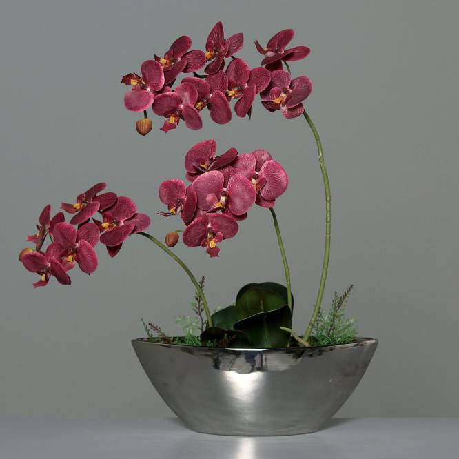 Orhidee Phalaenopsis burgundy artificiala in vas argintiu ceramic, 54 cm