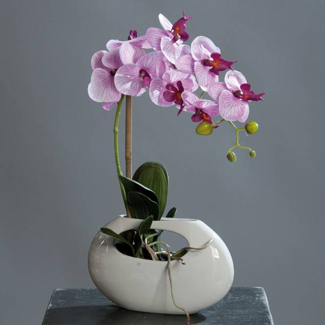 Orhidee artificiala Phalaenopsis mov  in vas ceramic, 43 cm