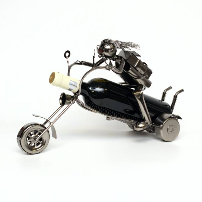 Suport metalic Motocicleta cu 3 roti pentru sticla de vin, 37 cm