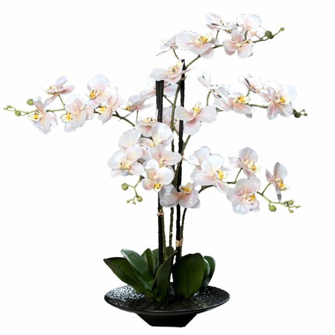 Orhidee artificiala Phalaenopsis  alb-roz cu aspect 100% natural in vas ceramic, 59 cm
