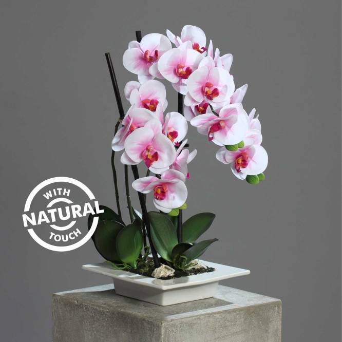 Orhidee artificiala Phalaenopsis Fresh alb-roz cu aspect 100% natural in vas ceramic, 46 cm