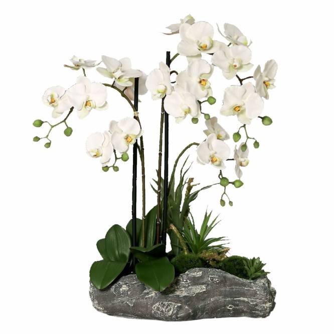 Aranjament orhidee artificiala  alba cu aspect 100% natural in suport de piatra, 60 cm