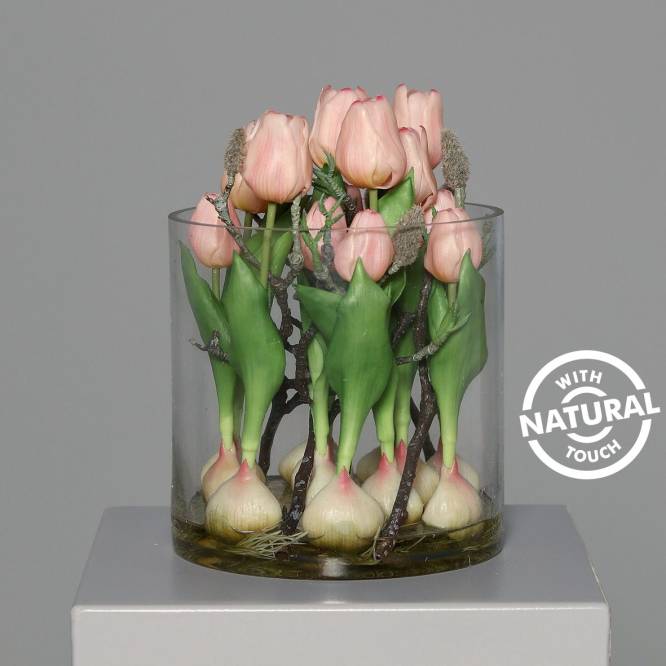 Aranjament lalele artificiale roz prafuit in bol de sticla cu aspect 100% natural, 29 cm