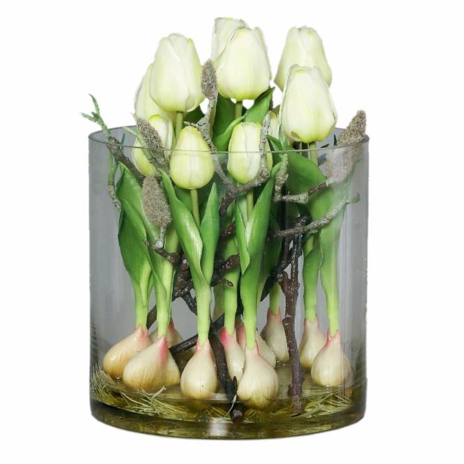 Aranjament lalele artificiale albe in bol de sticla cu aspect 100% natural, 29 cm