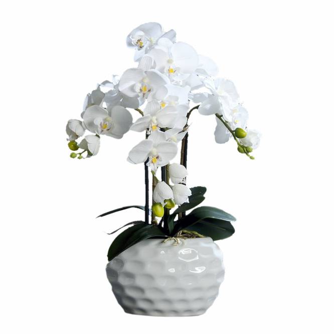 Orhidee artificiala Phalaenopsis alba in vas ceramic, 59 cm