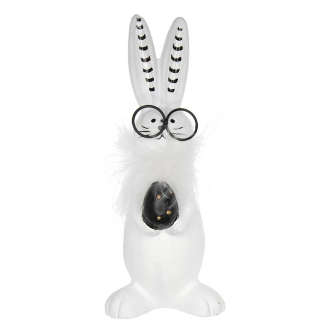 Iepuras ceramic alb-negru cu ochelari, 18 cm