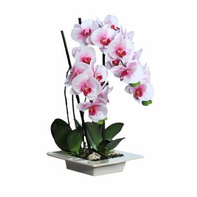 Orhidee artificiala Phalaenopsis Fresh alb-roz cu aspect 100% natural in vas ceramic, 46 cm