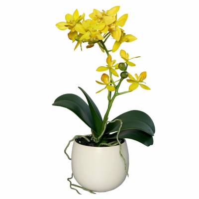 Orhidee artificiala Phalaenopsis galbena cu aspect 100% natural in vas ceramic, 34 cm