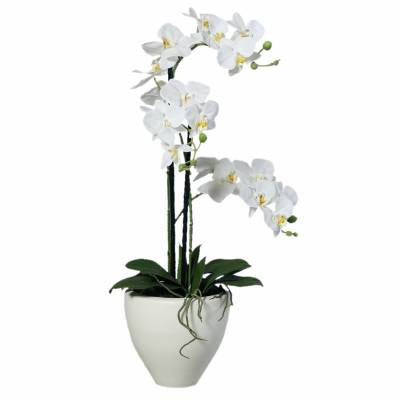 Orhidee artificiala Phalaenopsis alba cu aspect 100% natural in vas ceramic, 70 cm