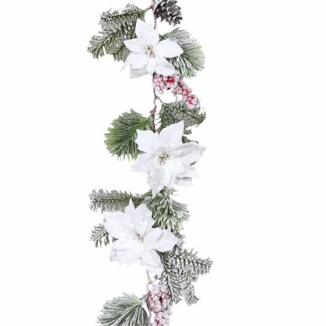 Ghirlanda brad ninsa cu flori albe de Craciunita, conuri si fructe, 180 cm