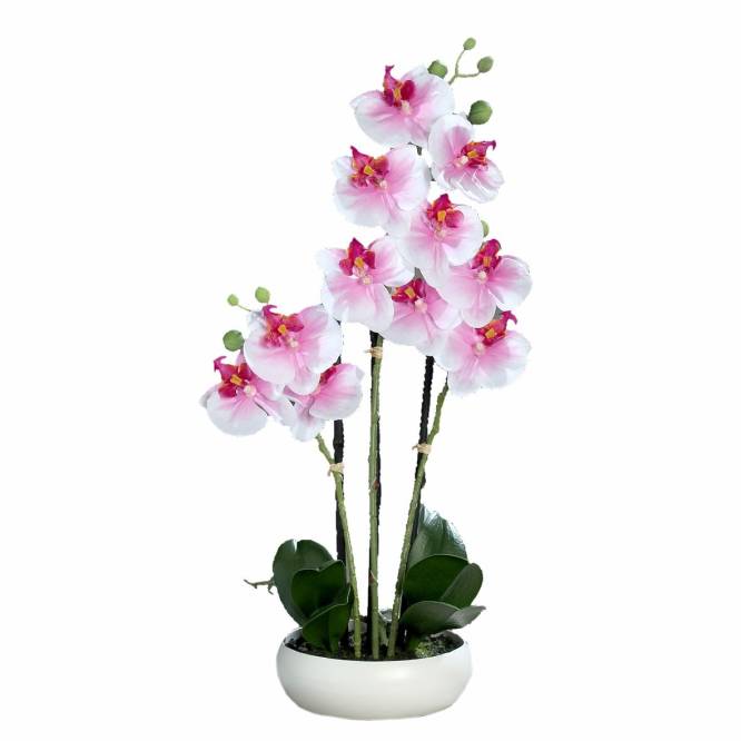 Orhidee artificiala Phalaenopsis alb-roz cu aspect 100% natural in vas ceramic,  36 cm