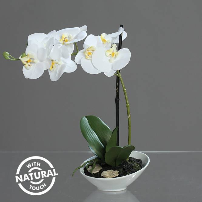 Orhidee artificiala Phalaenopsis  alba cu aspect 100% natural in vas ceramic, 38 cm