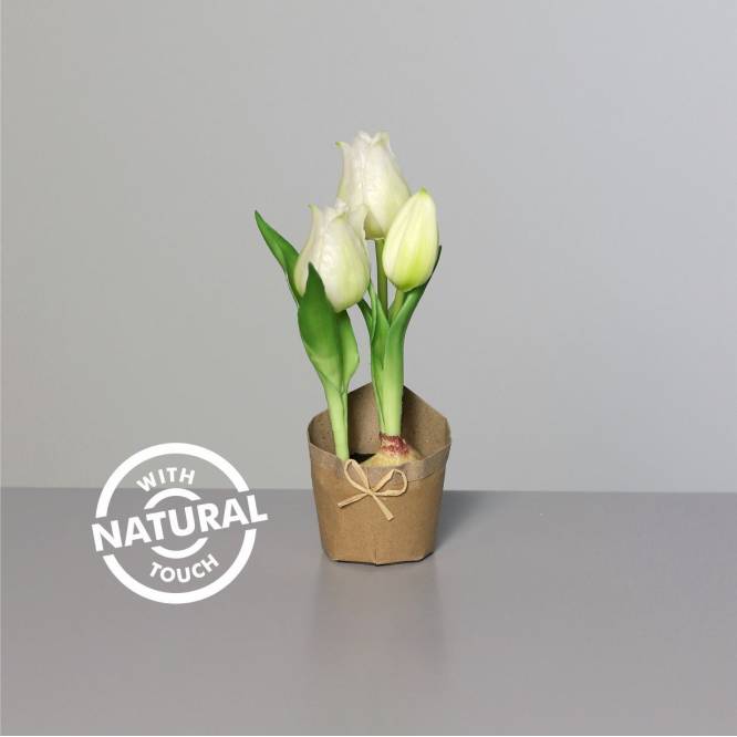 Aranjament cu lalele albe 19 cm in suport de hartie natur, aspect 100% natural, artificiale